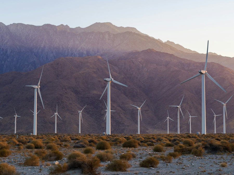 Wind turbines below desert mountains at sunset