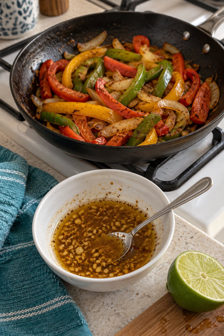 Lime and spice fajita marinade beside a skillet of cooked peppers and onions.