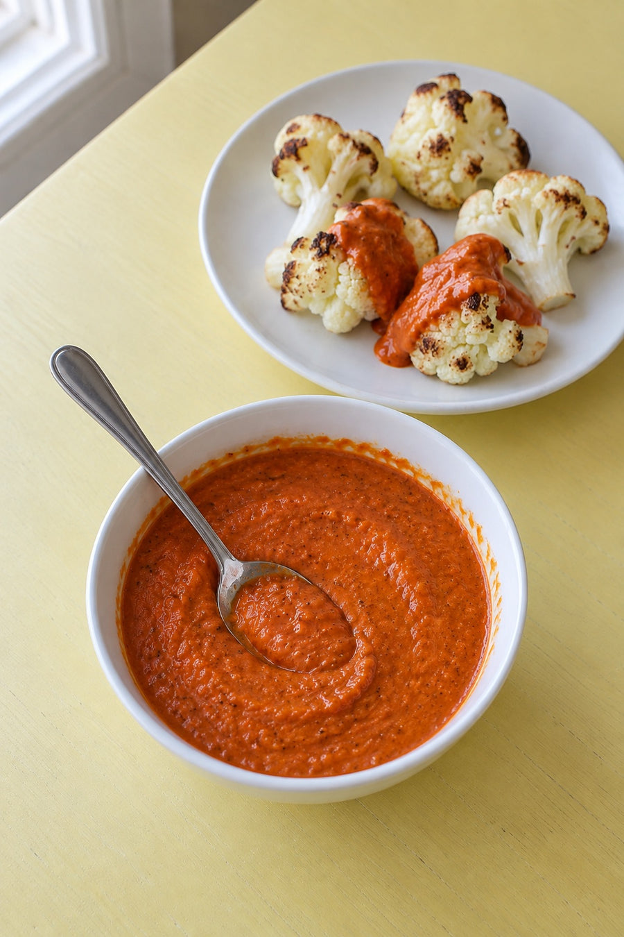 Smooth roasted red pepper sauce in a small white bowl beside roasted cauliflower with a spoonful of sauce.