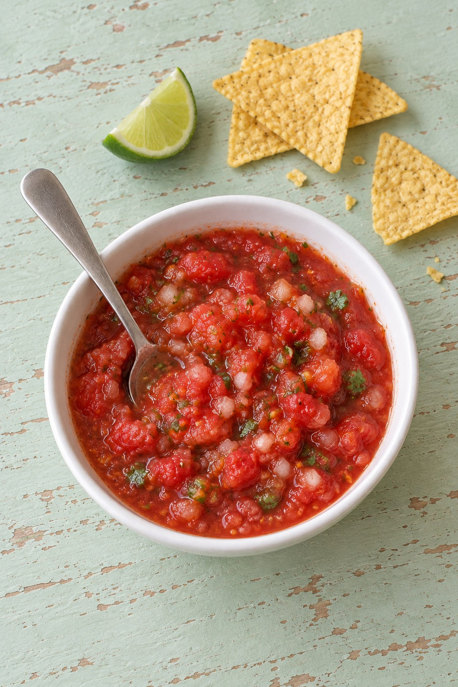 Fresh coarsely blended tomato Chiltepin salsa with cilantro and white onion in a small bowl.