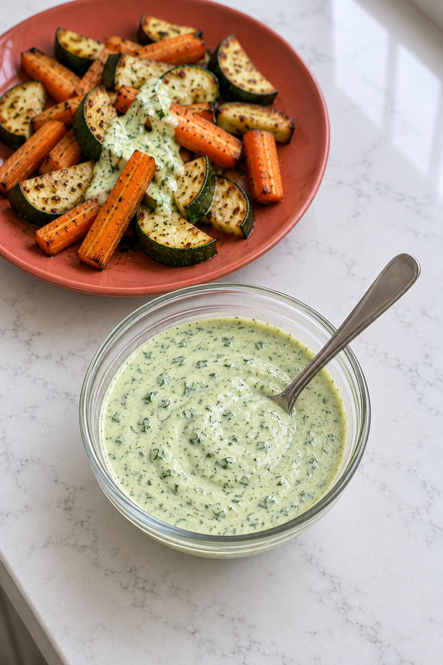 Pale green cilantro lime yogurt sauce spooned over roasted zucchini and carrots, with a small bowl of sauce alongside.