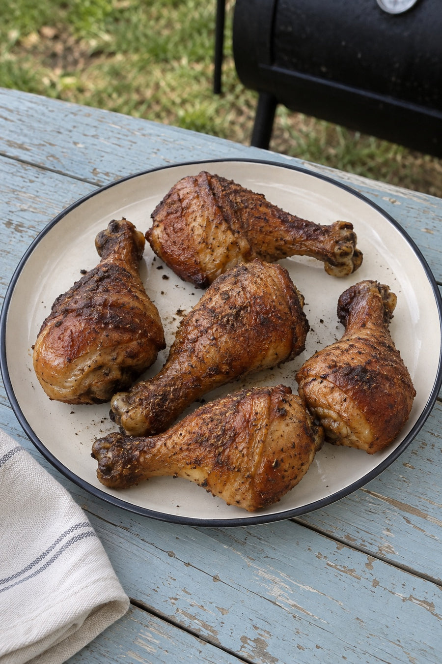 Browned smoked chicken drumsticks with lightly seasoned skin on a simple outdoor serving plate.