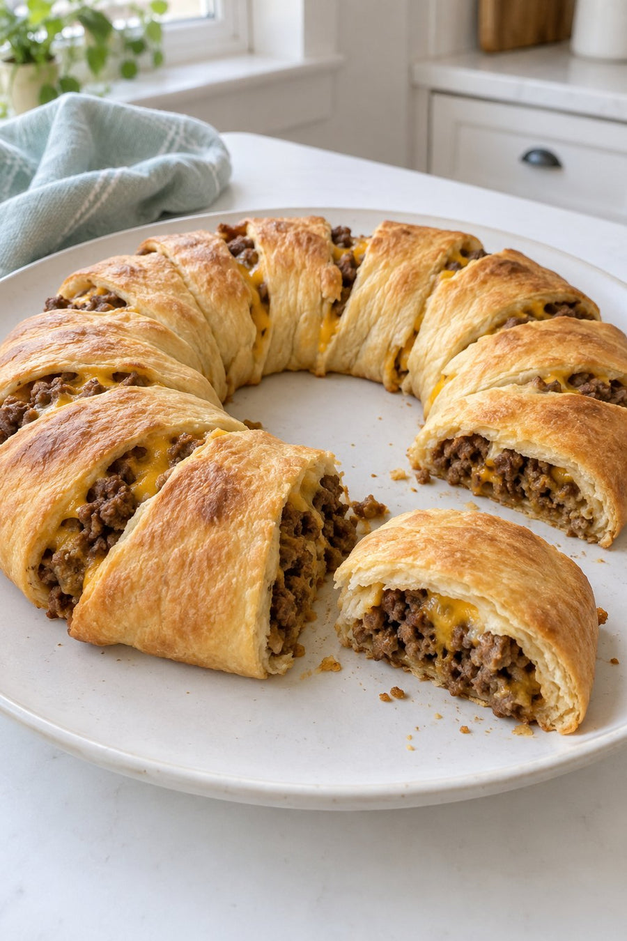 A cut slice beside a homemade crescent taco ring filled with beef and cheddar.