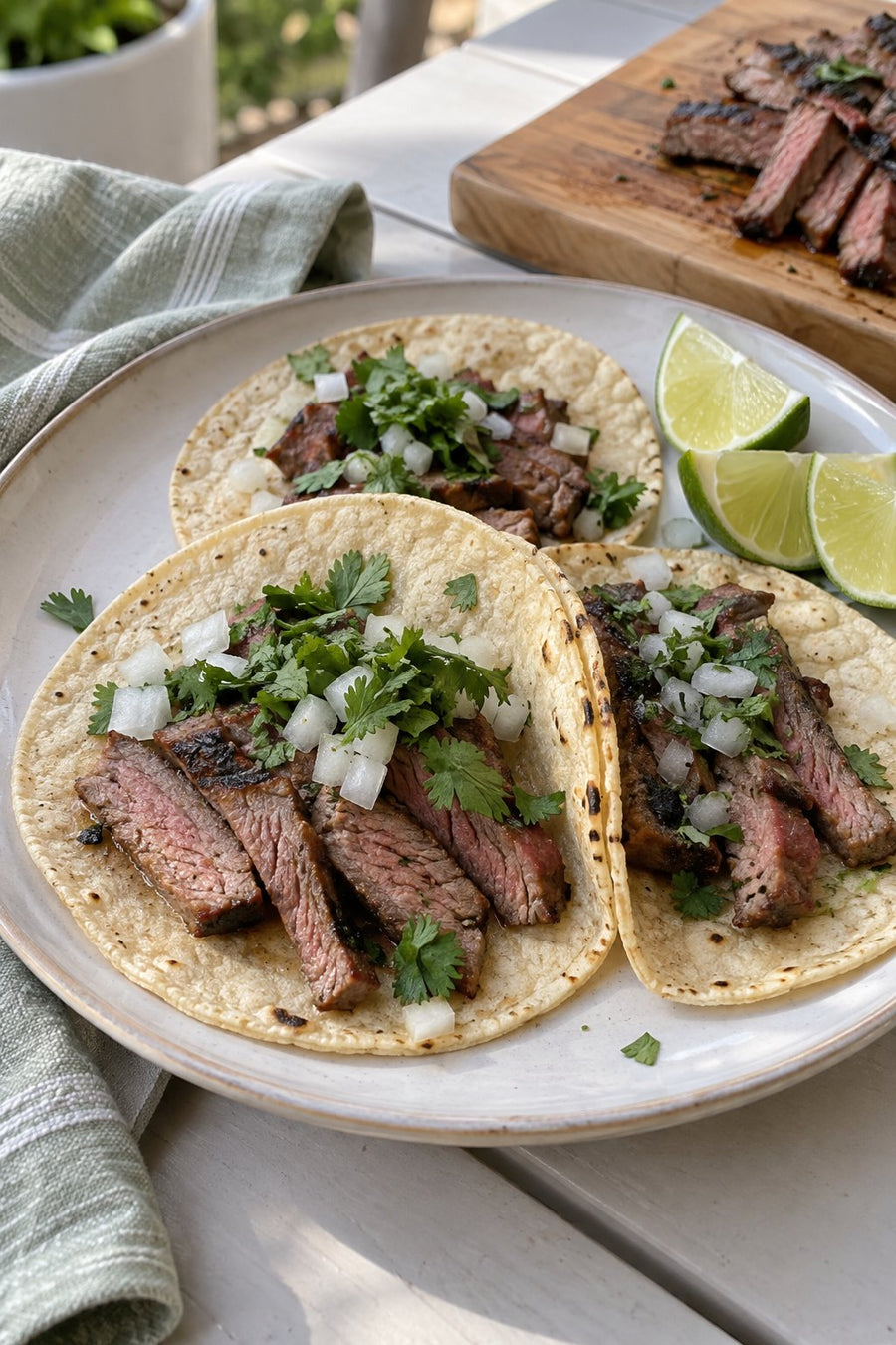 Flank steak tacos in corn tortillas with diced onion, cilantro and fresh lime.