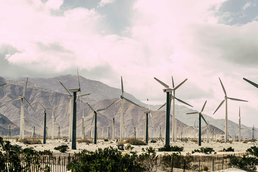 Desert wind turbines below pale pink clouds