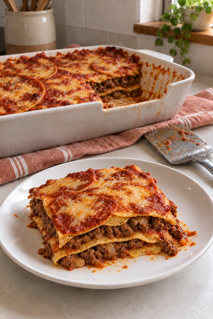 A square serving of layered beef enchilada bake with corn tortillas, red sauce and melted cheese on a white plate.