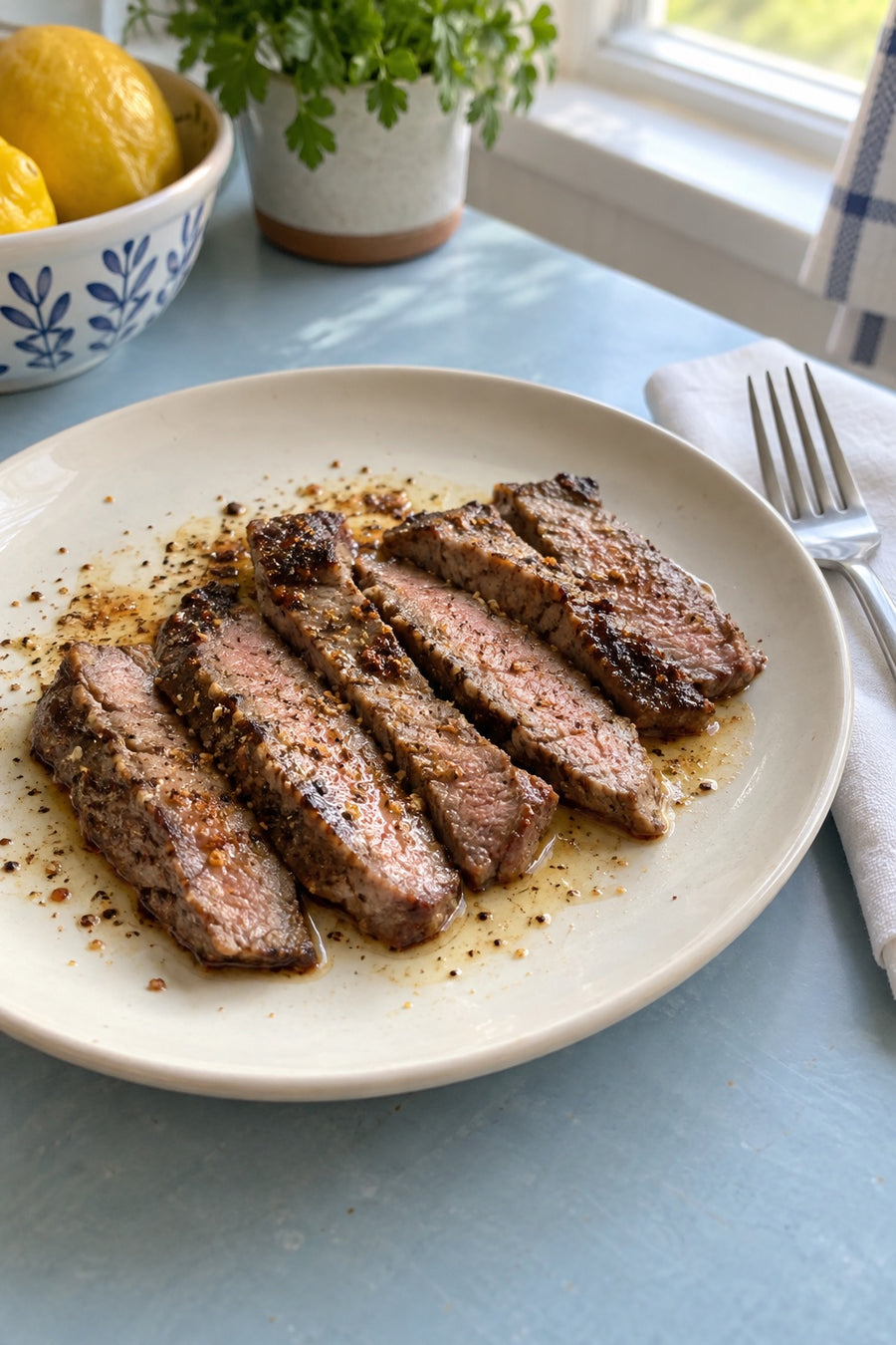 Thin slices of petite sirloin steak with a light seasoned lemon dressing on a home dinner plate.