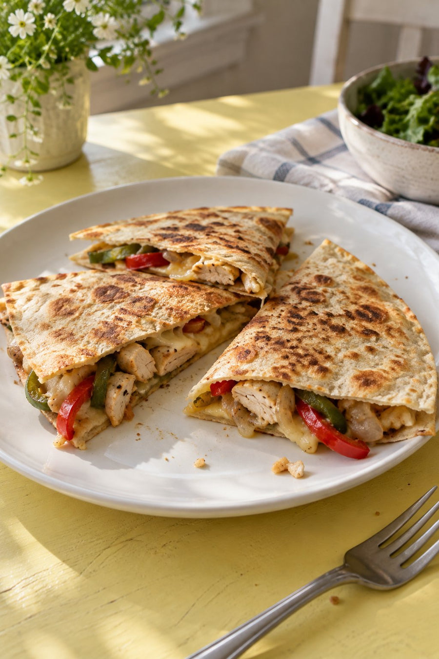 Toasted chicken fajita quesadilla wedges with red and green peppers on a white plate.