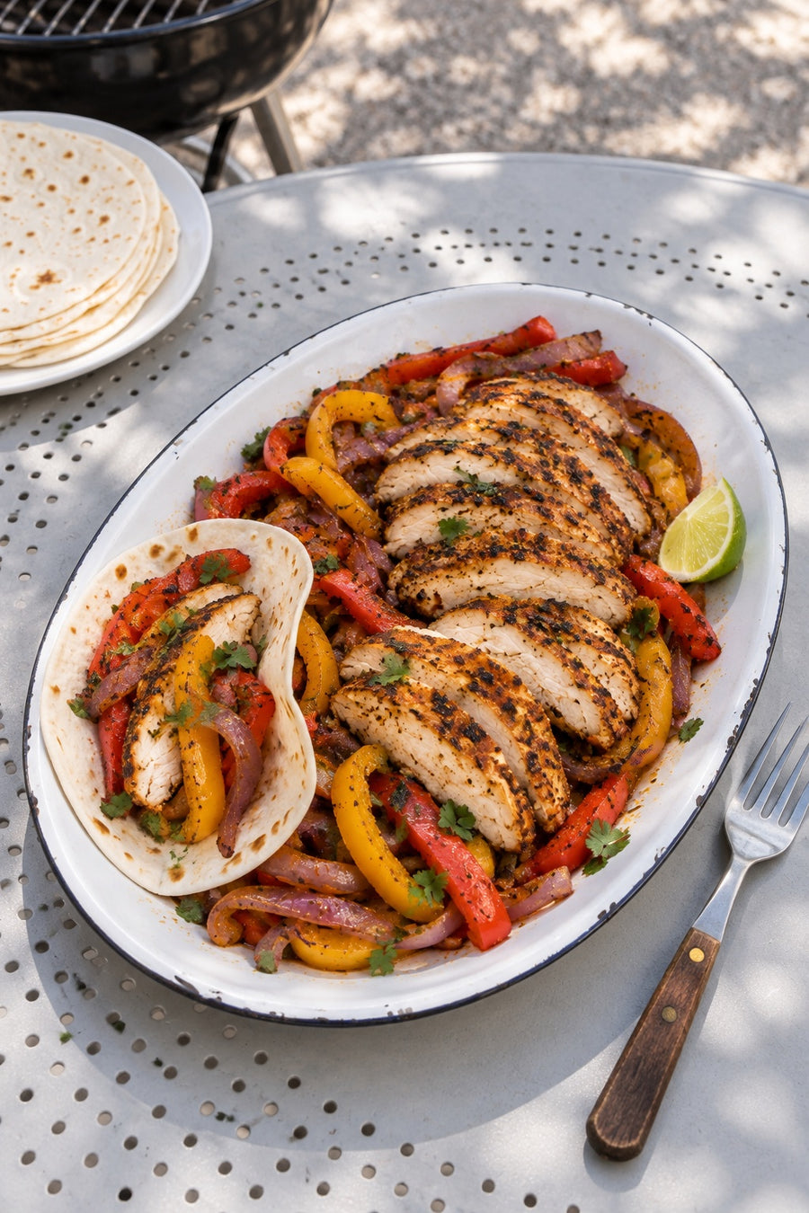 Grilled chicken fajitas on an enamel platter with peppers, red onion and one filled flour tortilla beside an outdoor grill.