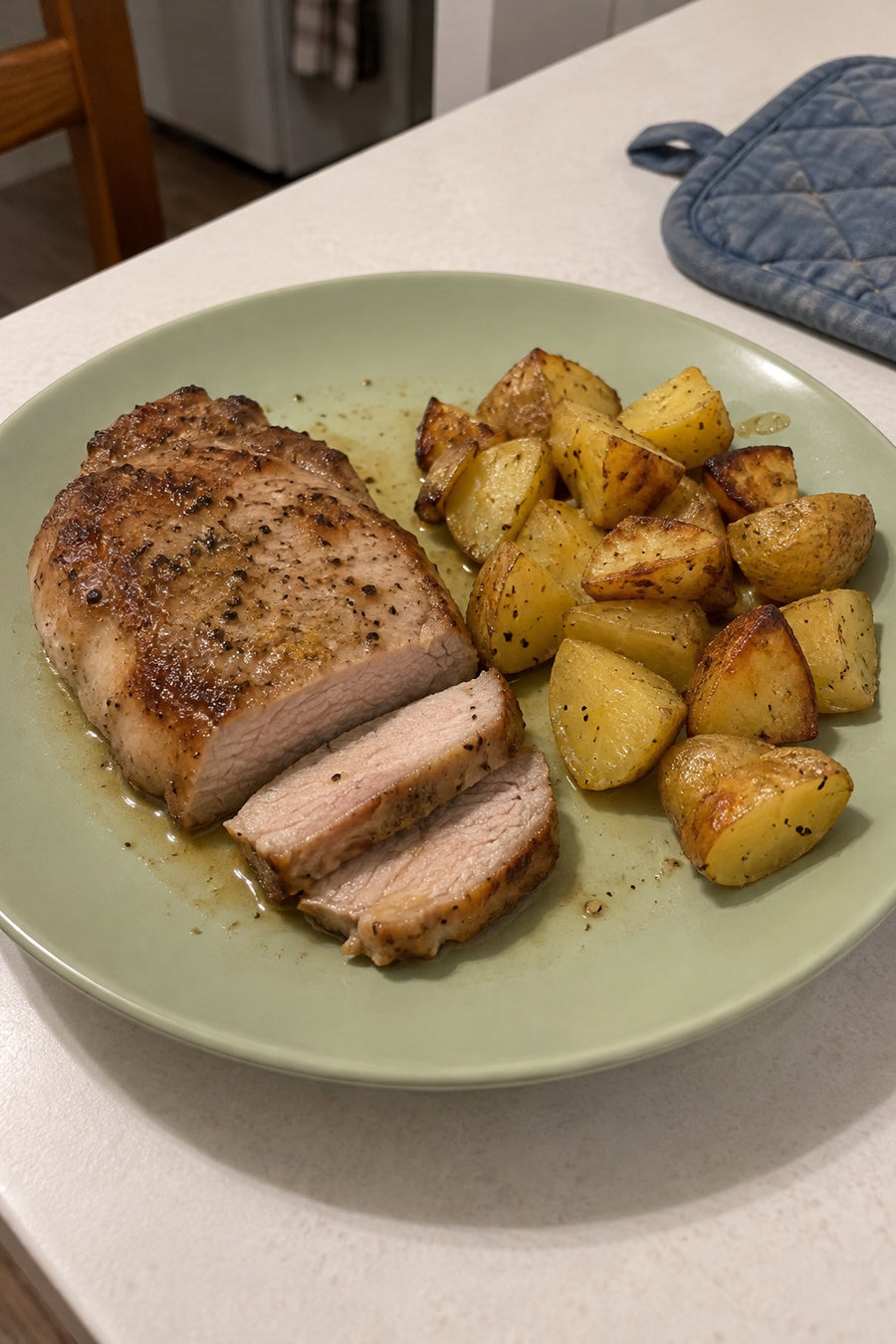 A cooked boneless pork chop and golden roasted potato pieces on a pale-green dinner plate.