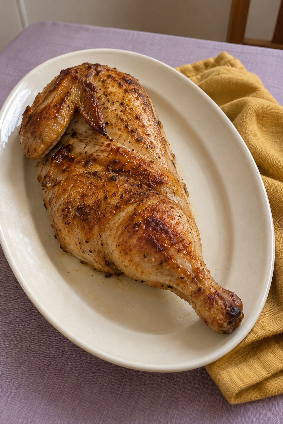 A roasted chicken half with one wing and one leg on a cream platter with a mustard-yellow cloth.