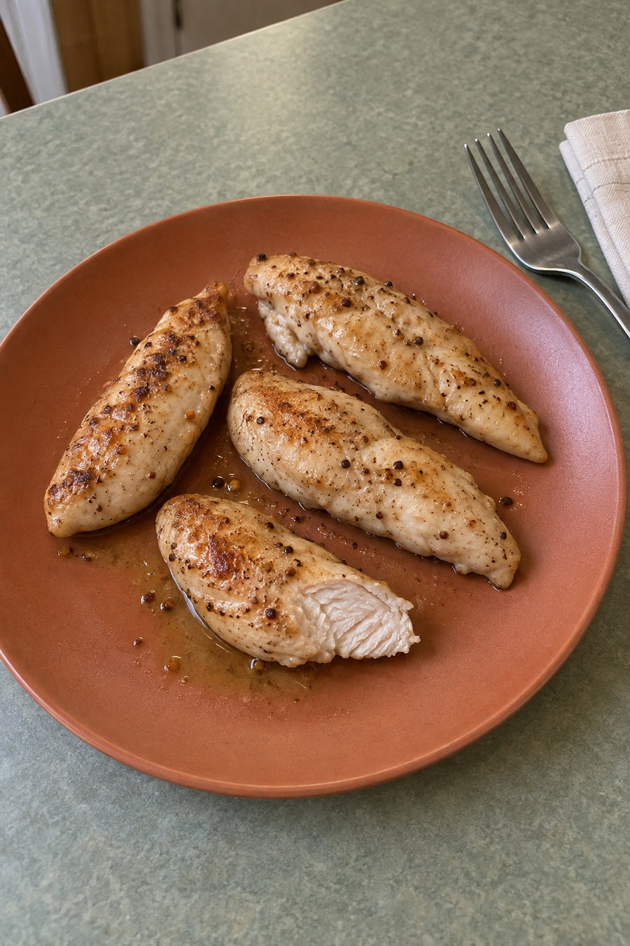Unbreaded seared chicken tenderloins with light seasoned pan juices on a terracotta dinner plate.