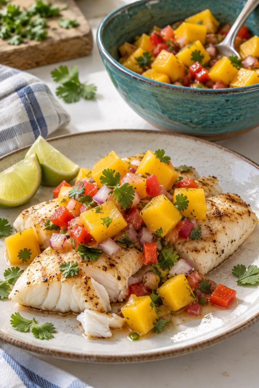 Homemade mango salsa spooned over grilled white fish, with a teal bowl of salsa behind.