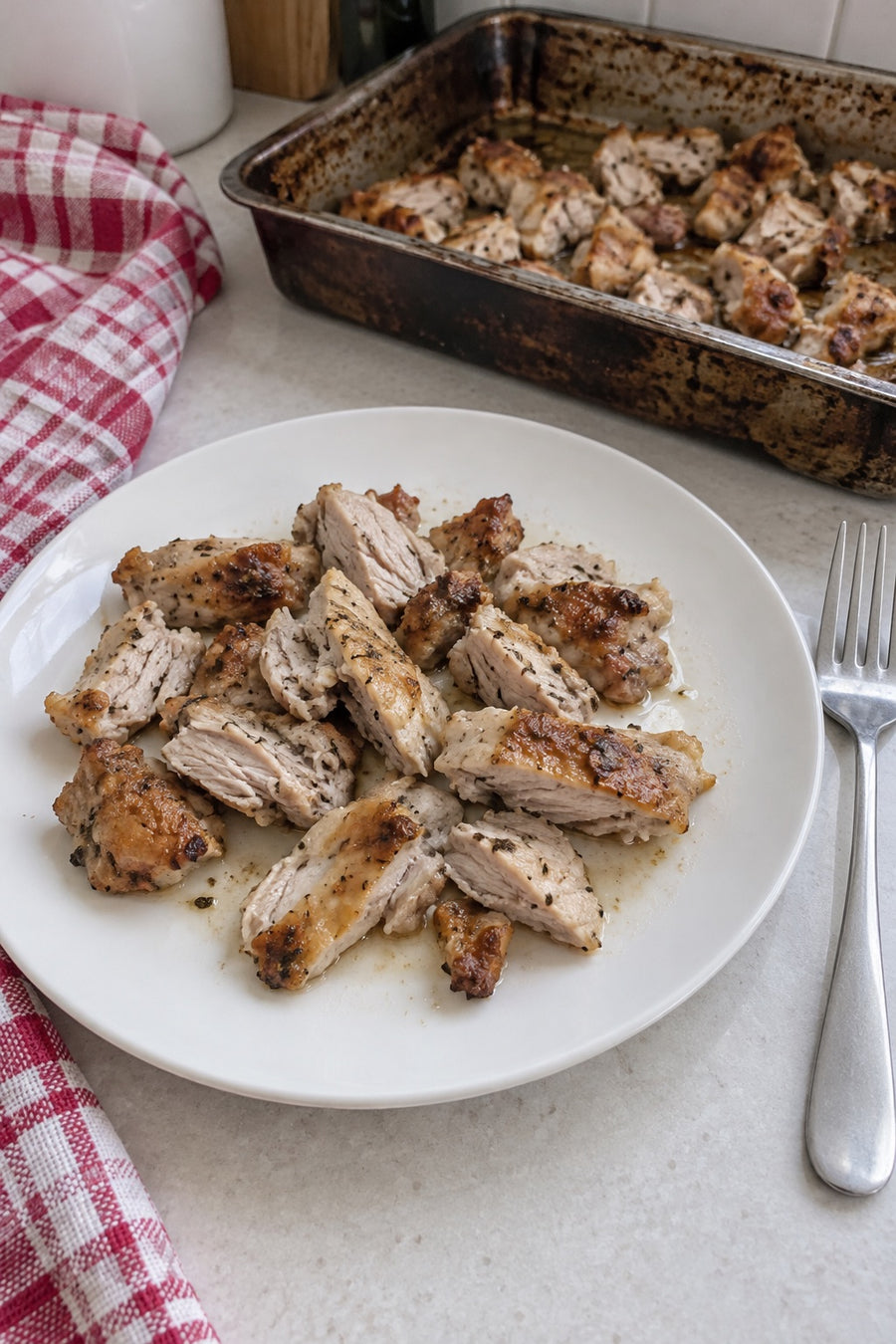 Baked boneless skinless chicken thighs cut into rough pieces on a plain plate, with the roasting pan behind.