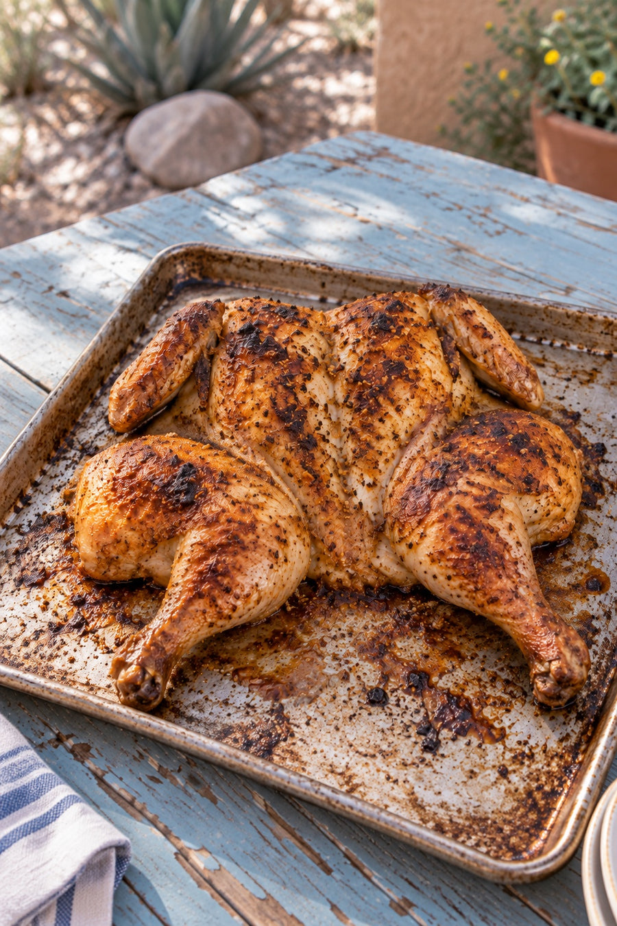 Roasted flattened spatchcock chicken on a baking tray on a desert patio.