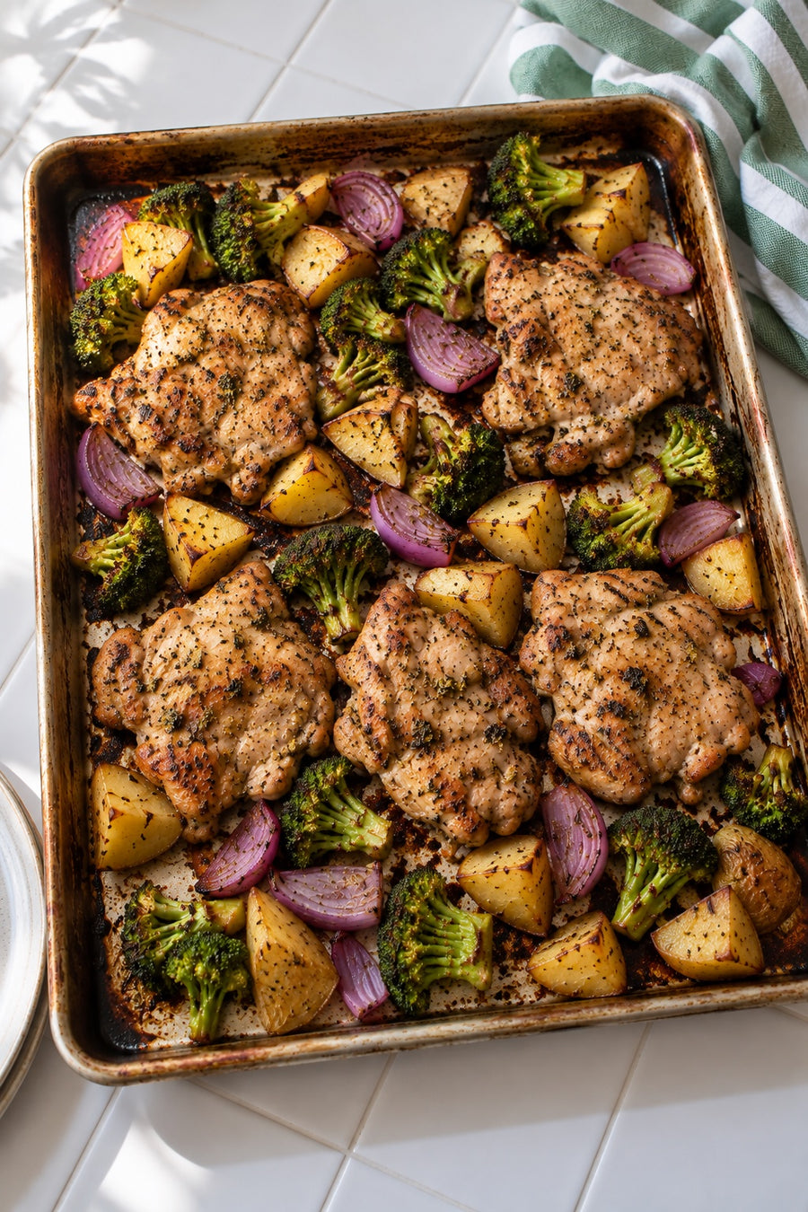 Roasted boneless skinless chicken thighs with potatoes, broccoli and red onion on a sheet pan.
