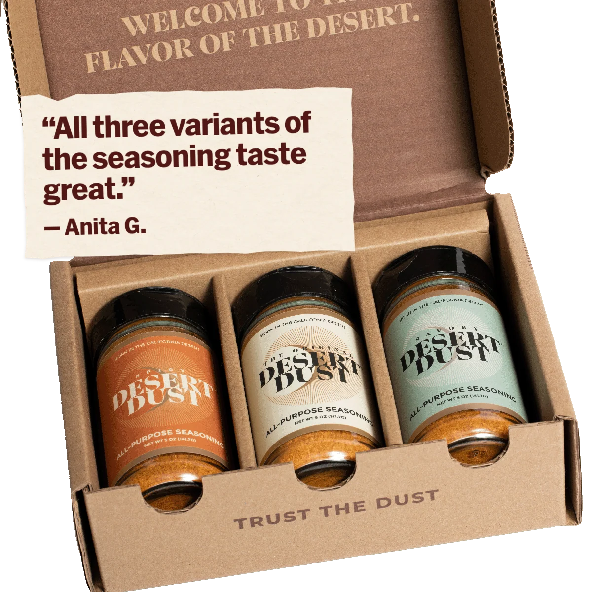 Desert Dust Trio Mailer Set. Customer review: All three variants of the seasoning taste great. Review by Anita G.