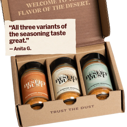 Desert Dust Trio Mailer Set. Customer review: All three variants of the seasoning taste great. Review by Anita G.