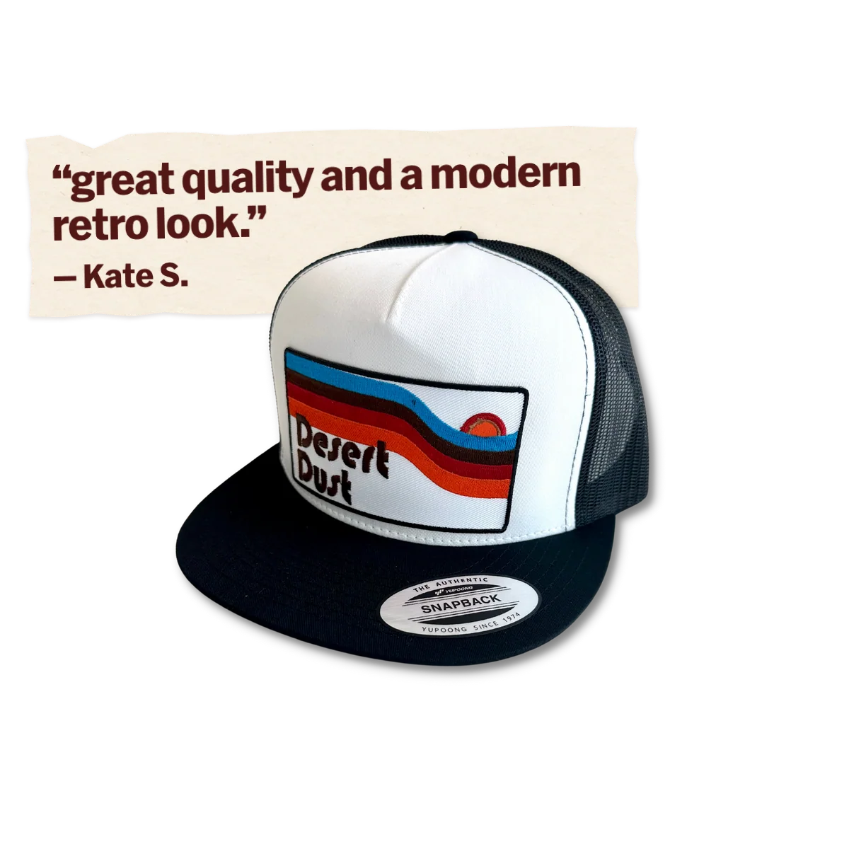 Desert Dust Trucker Hat. Customer review: great quality and a modern retro look. Review by Kate S.