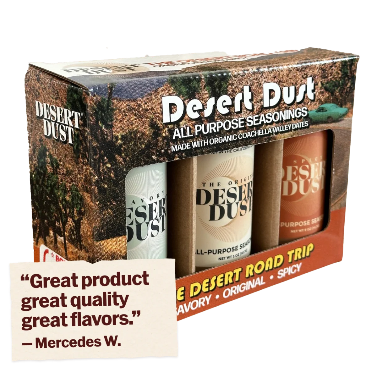 The Desert Dust Roadtrip Trio. Customer review: Great product great quality great flavors. Review by Mercedes W.