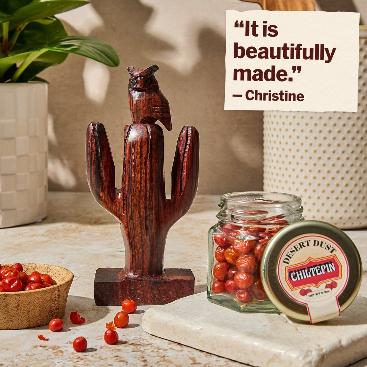 Chiltepin Pepper Gift Set with Artisanal Saguaro Cactus Grinder. Customer review: It is beautifully made. Review by Christine