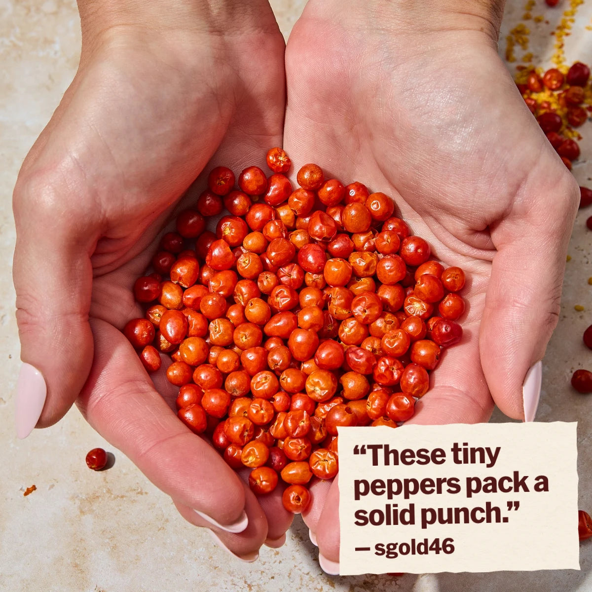 Chiltepin peppers. Customer review: These tiny peppers pack a solid punch. Review by sgold46