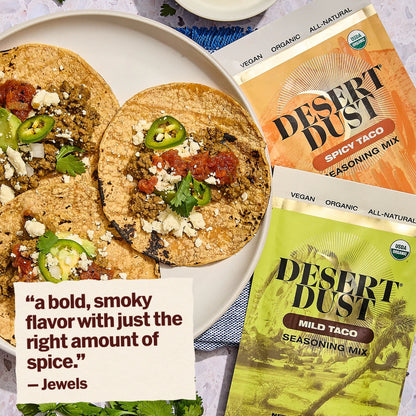 Desert Dust Spicy Taco Seasoning 6 Pack. Customer review: a bold, smoky flavor with just the right amount of spice. Review by Jewels