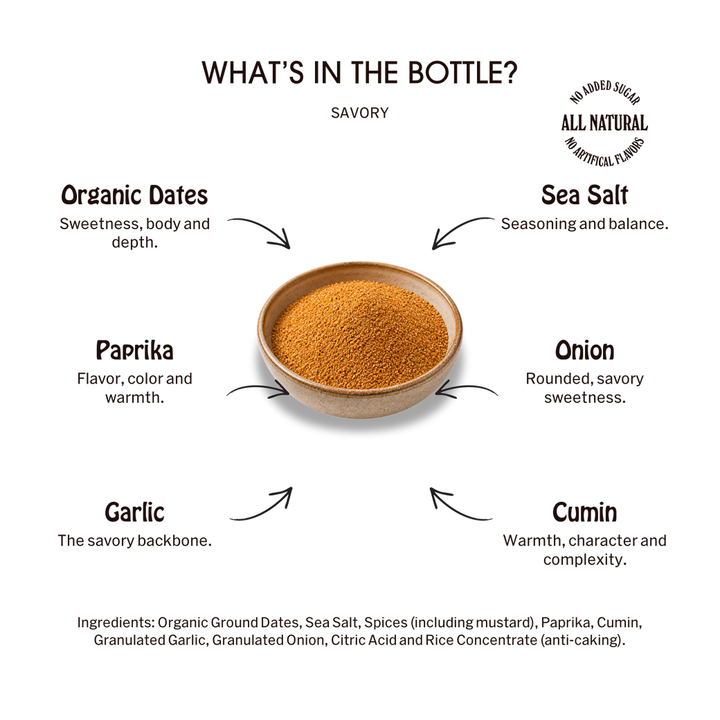 Savory Desert Dust Seasoning: ingredient callouts and complete ingredient list.