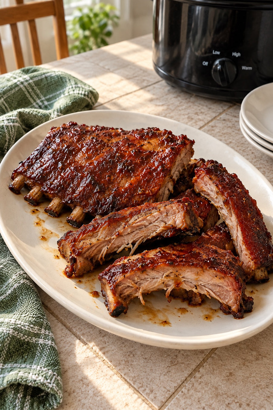 Slow cooker pork ribs with a thin barbecue glaze on a kitchen platter