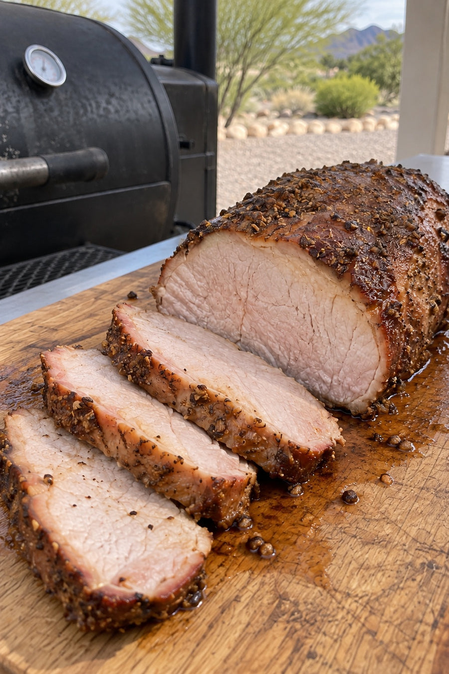 Sliced smoked pork loin on a board beside a desert patio smoker