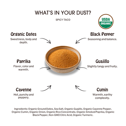 Desert Dust Spicy Taco Seasoning 6 Pack: ingredient callouts and complete ingredient list.