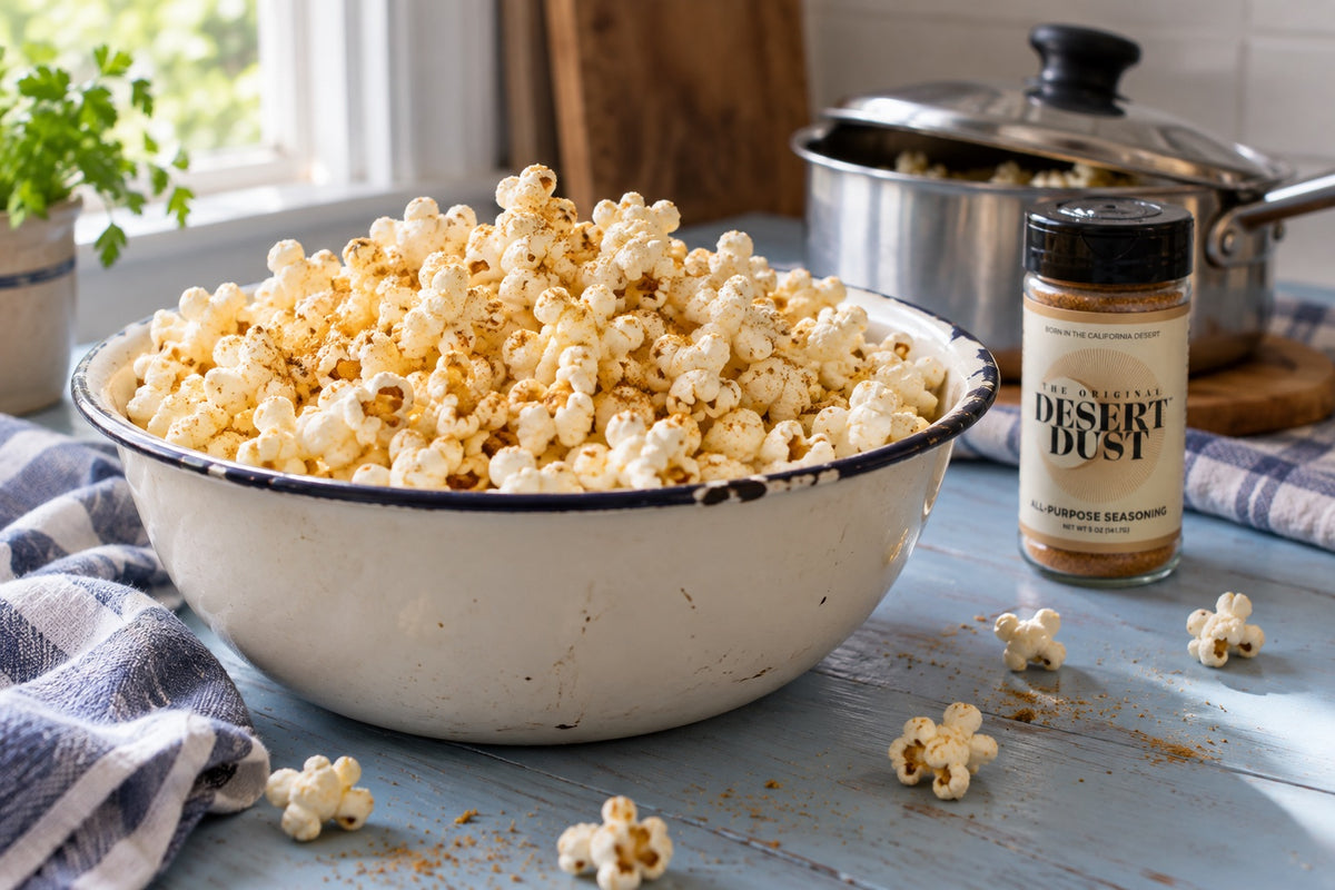 Homemade stovetop popcorn dusted with seasoning in an enamel bowl