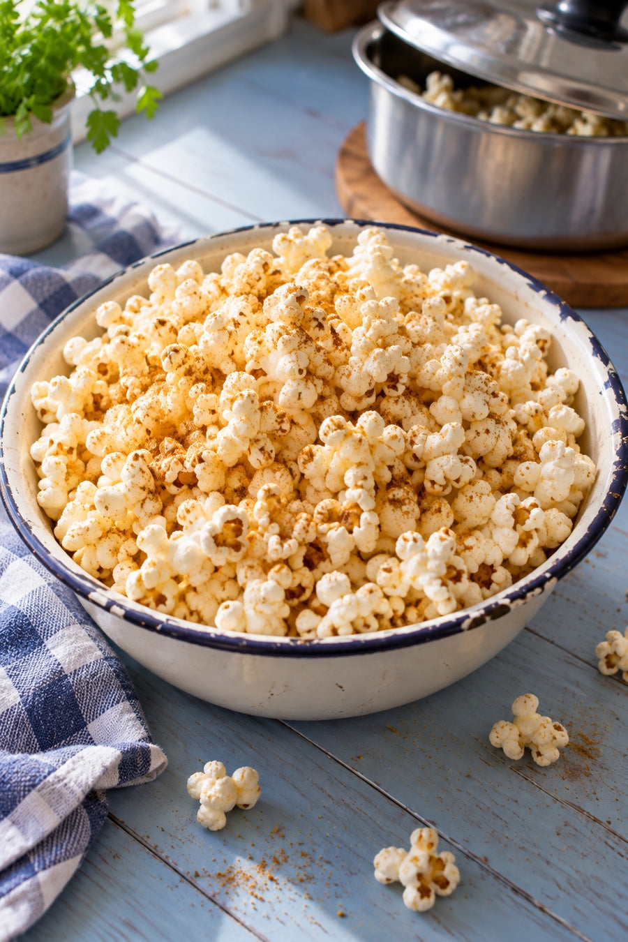 Homemade stovetop popcorn dusted with seasoning in an enamel bowl