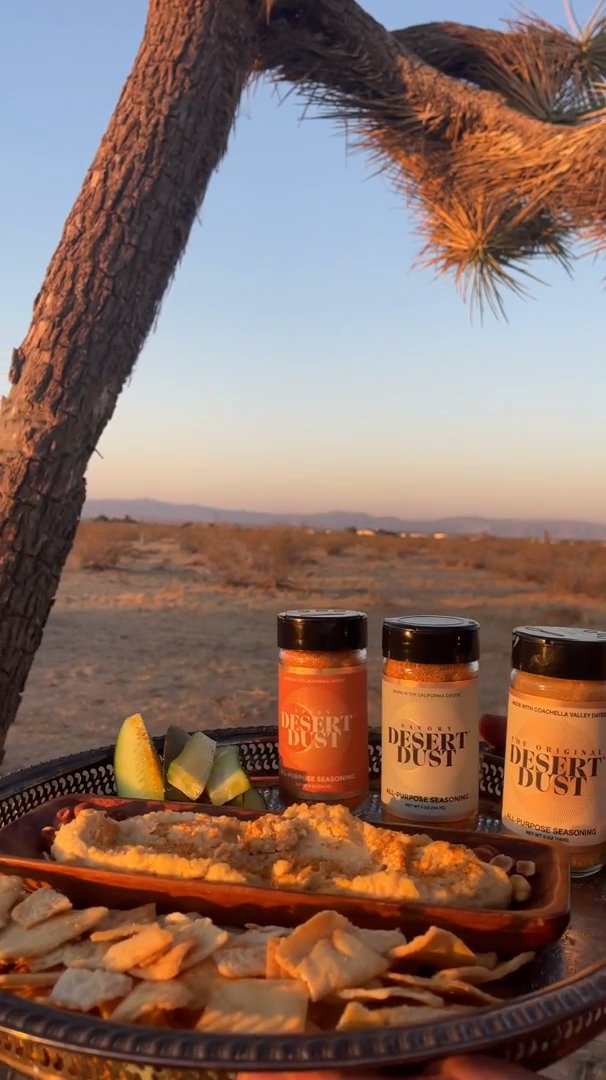 Desert Dust, dip and chips beneath a Joshua tree at golden hour
