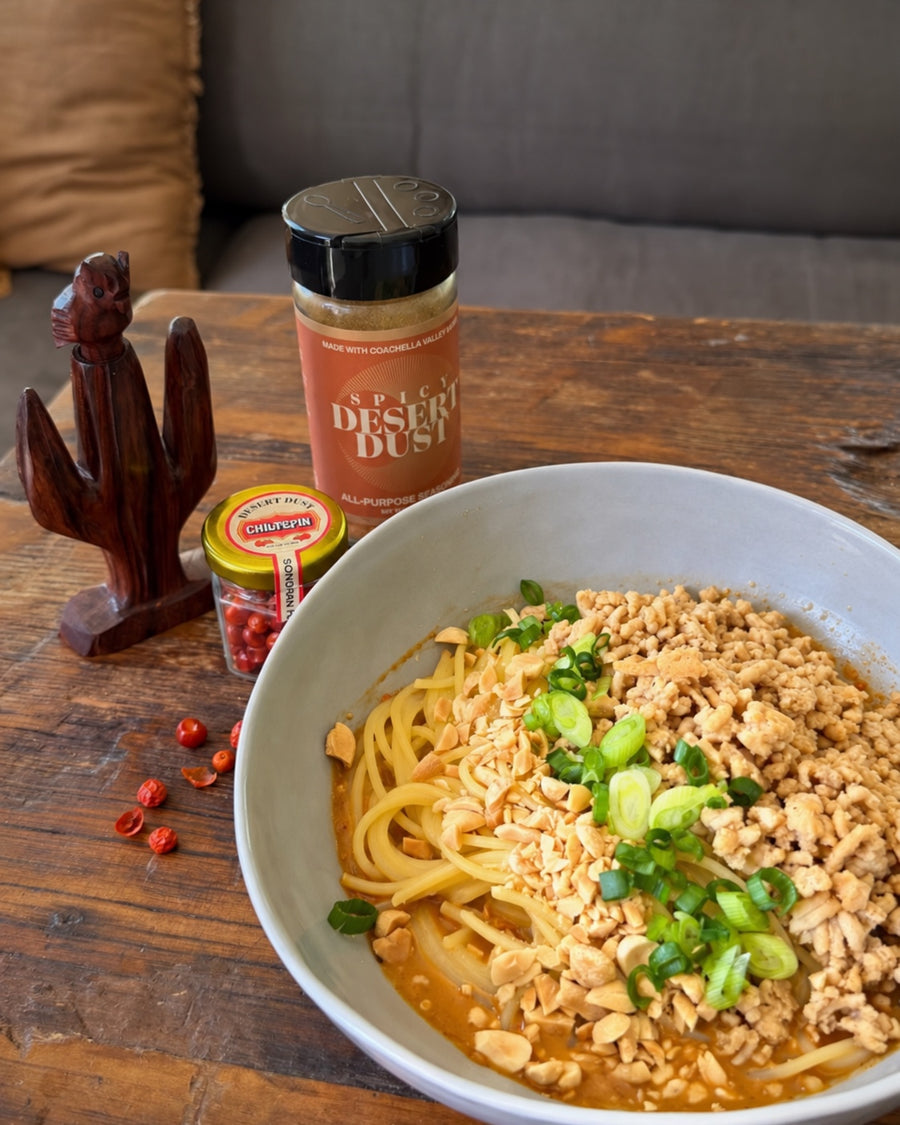 Chef Steph’s Desert Dan Dan noodles with ground chicken, scallions, peanuts, Spicy Desert Dust and Chiltepin