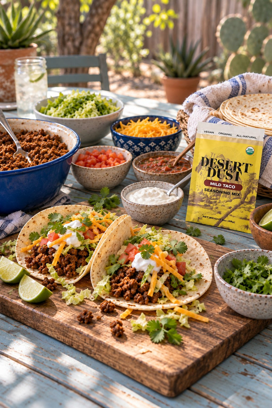 Homemade beef taco party spread outdoors with Desert Dust Mild Taco seasoning
