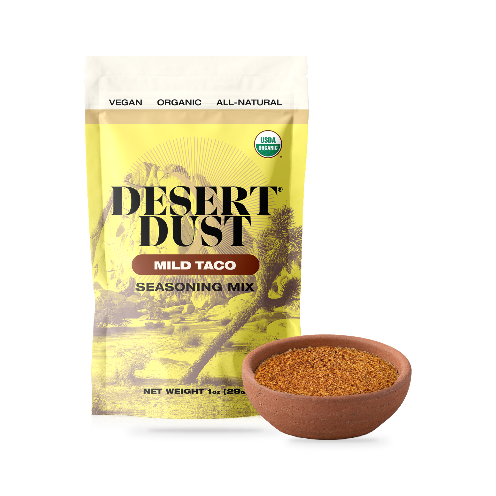 Desert Dust Mild Taco Seasoning 6 Pack beside a bowl of seasoning