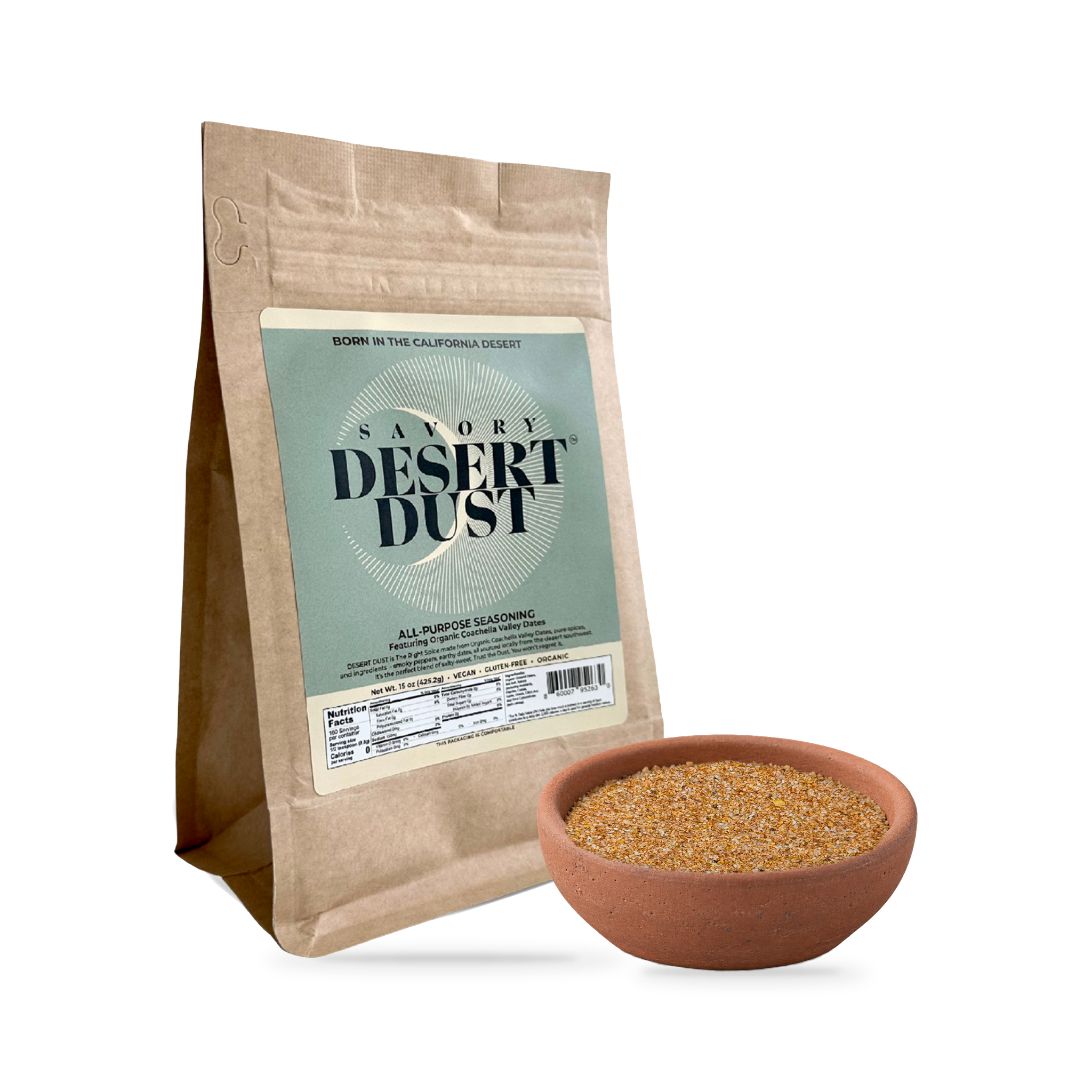 Savory Desert Dust 16 oz Refill Bag beside a bowl of seasoning