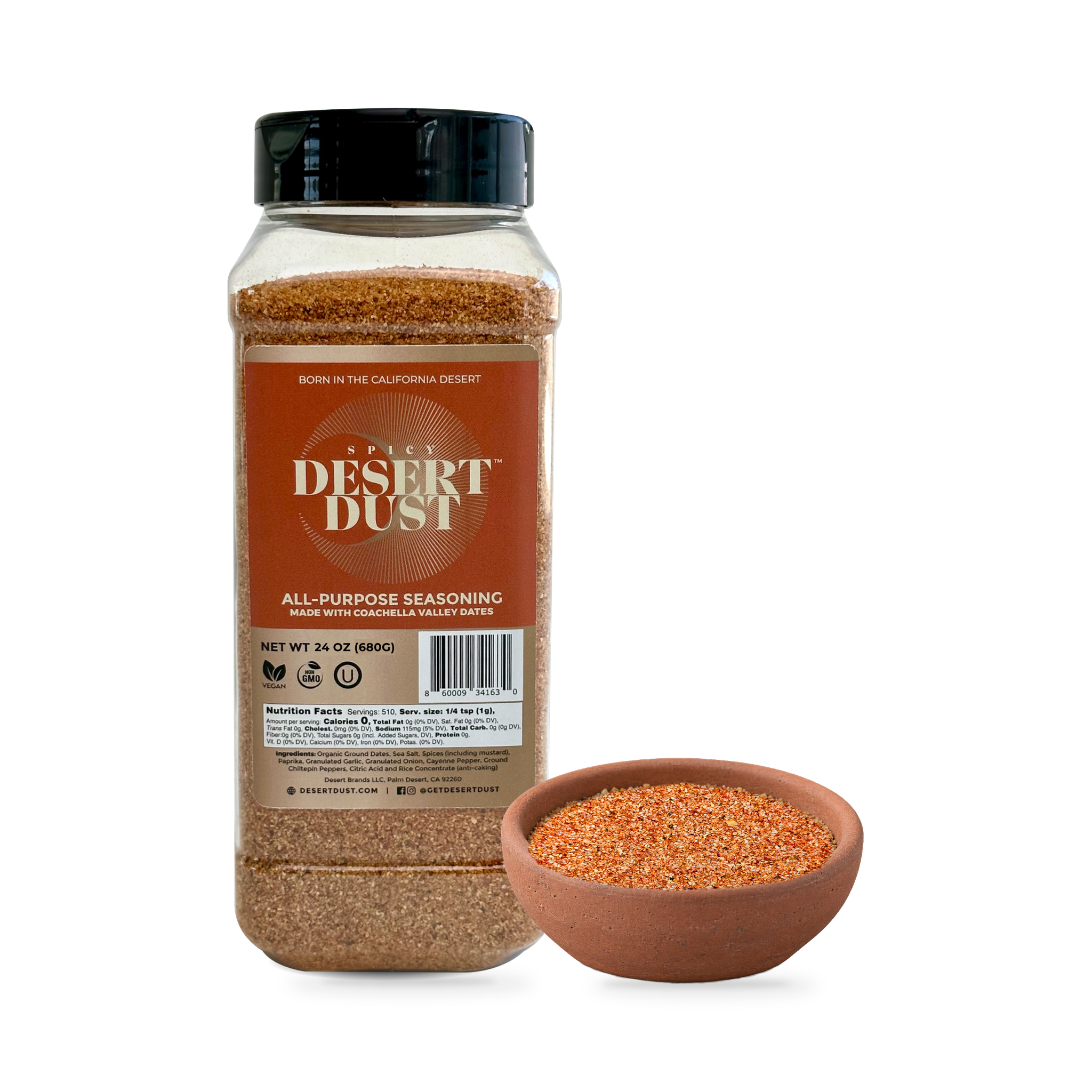 Spicy Desert Dust 24 oz Food Service Bottle beside a bowl of seasoning