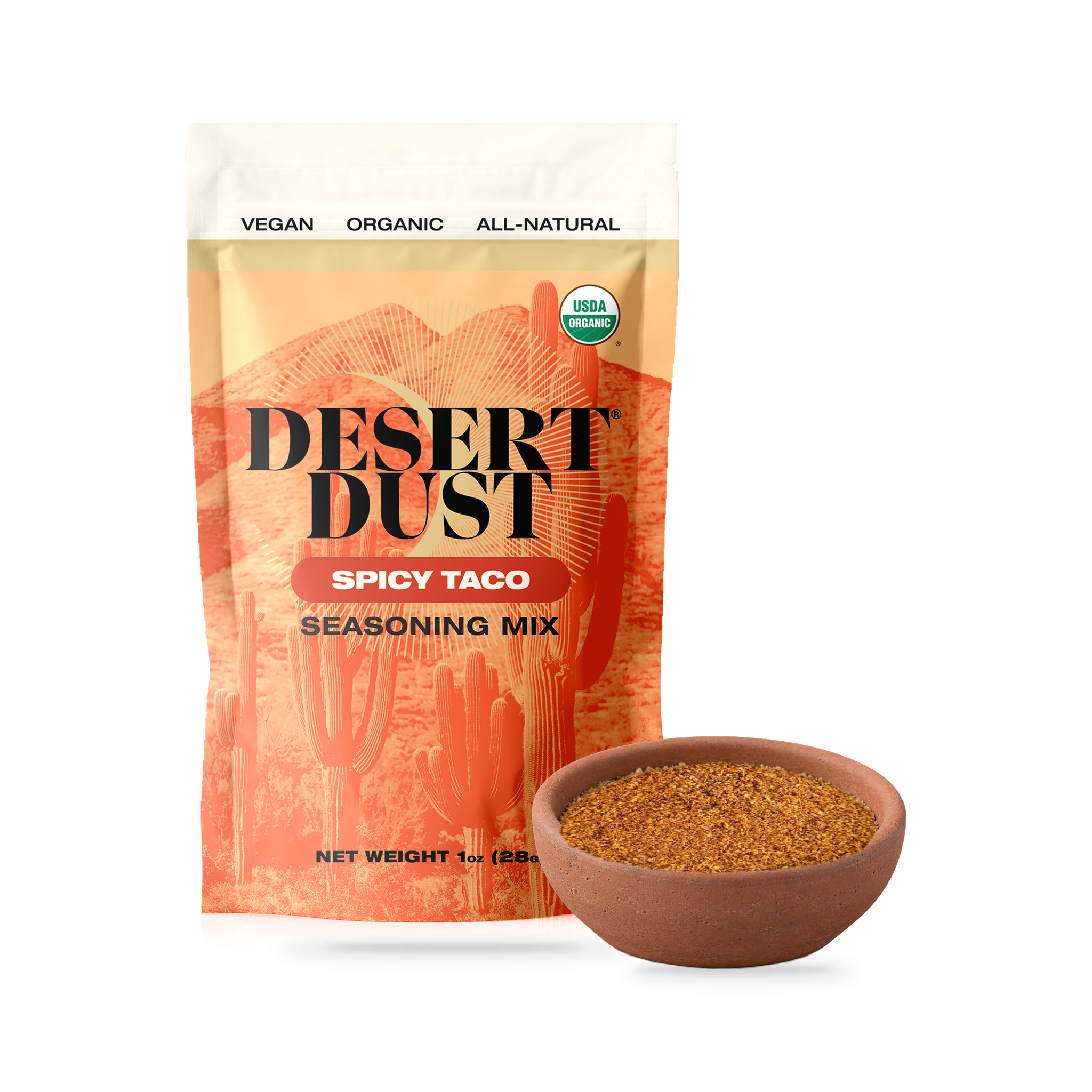 Desert Dust Spicy Taco Seasoning 6 Pack beside a bowl of seasoning